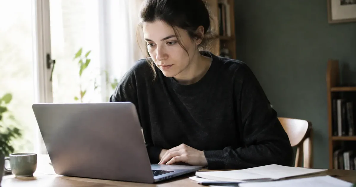 Femme assise devant un ordinateur portable et des feuilles