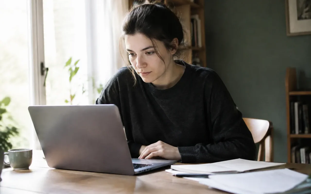 Femme assise devant un ordinateur portable et des feuilles