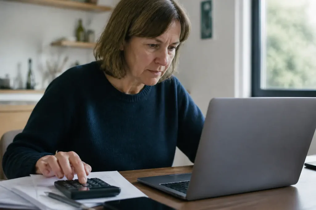 Femme seule utilisant un ordinateur portable avec calculatrice