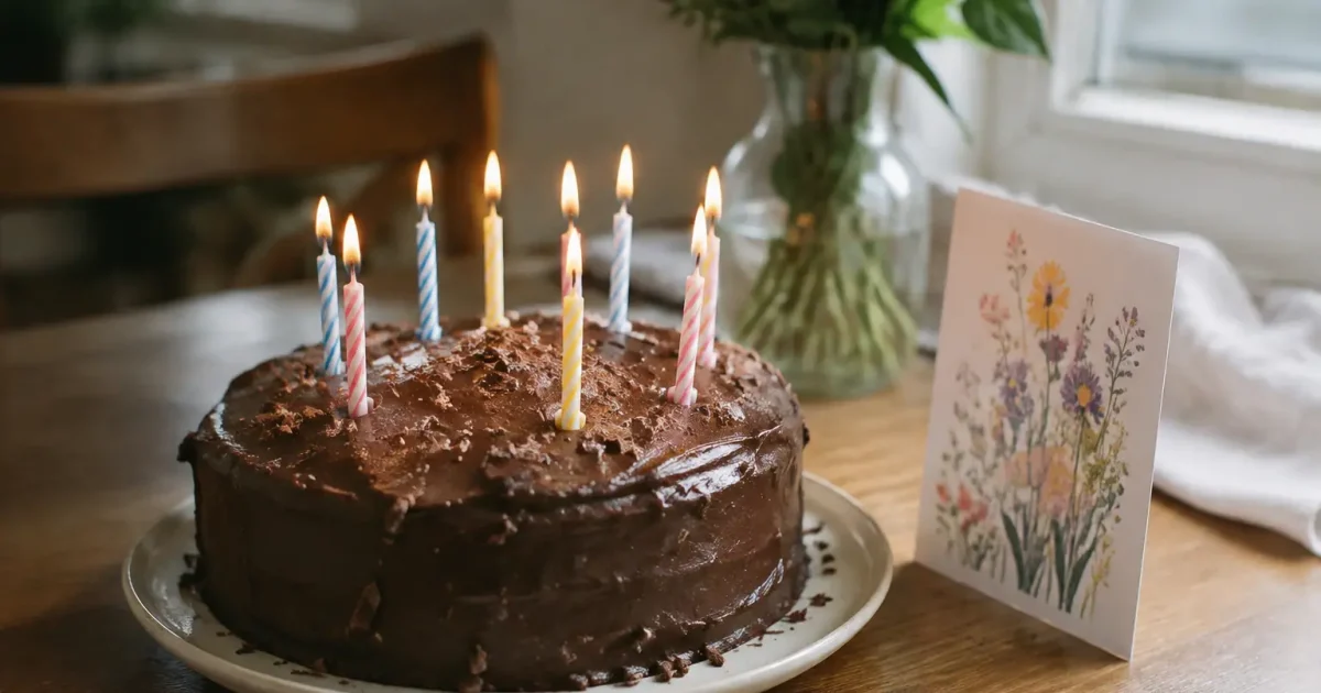 Gateau rond avec bougies et carte posee a cote