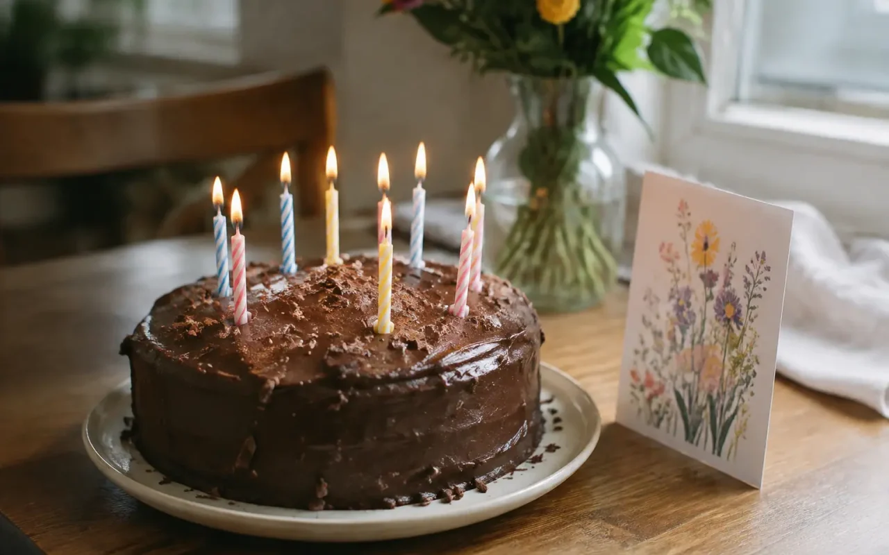 Gateau rond avec bougies et carte posee a cote