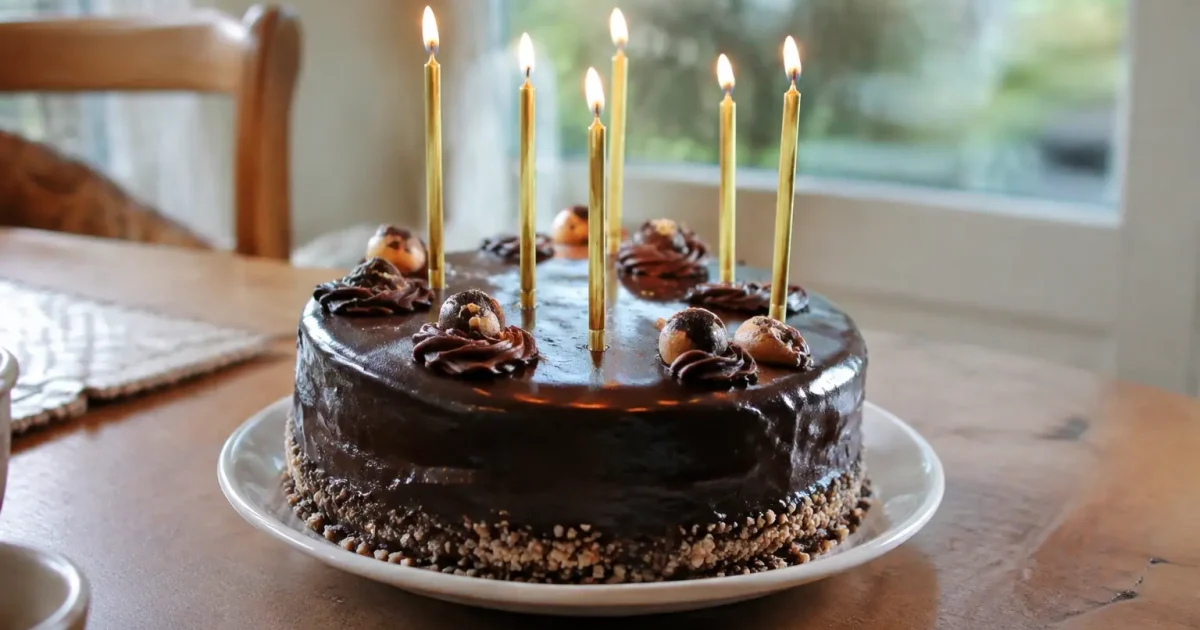 Gateau rond orne de bougies dorees posees sur table