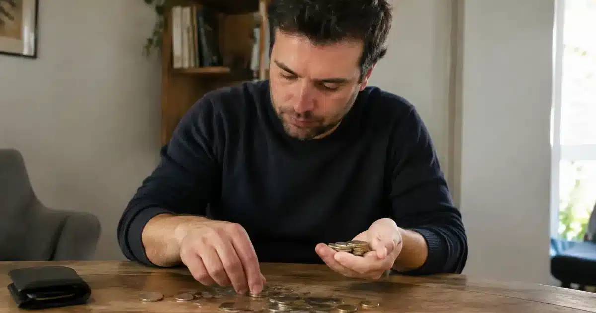 Homme assis a une table comptant des pieces