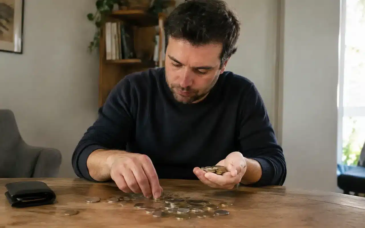 Homme assis a une table comptant des pieces