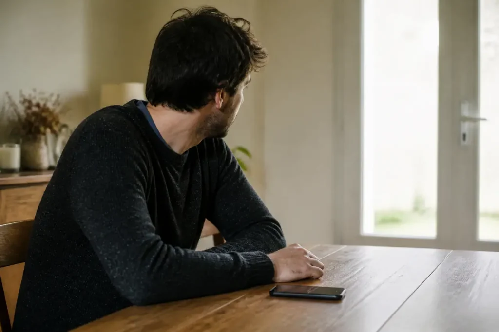 Homme regardant la porte, telephone pose sur la table