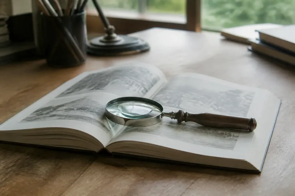 Loupe posée sur un livre ouvert au bureau