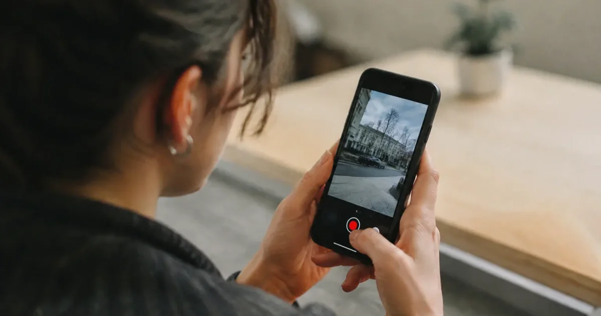 Main tenant un smartphone, bouton rouge enregistrement visible