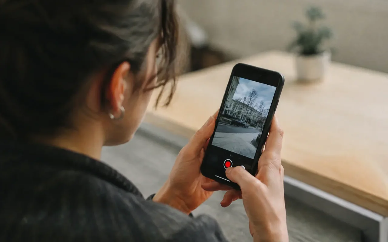Main tenant un smartphone, bouton rouge enregistrement visible