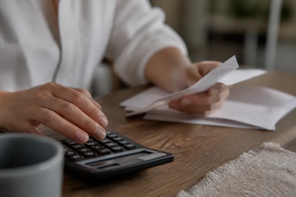 Main tenant une fiche de paie pres d'une calculatrice
