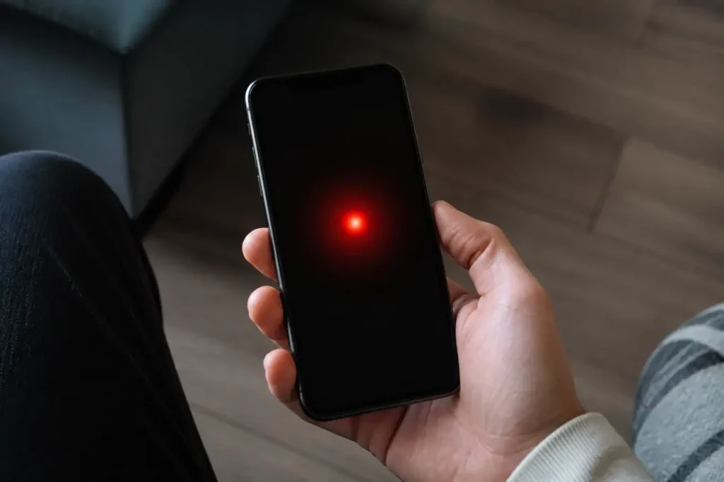 Main tenant smartphone ecran allume icone rouge pulsante