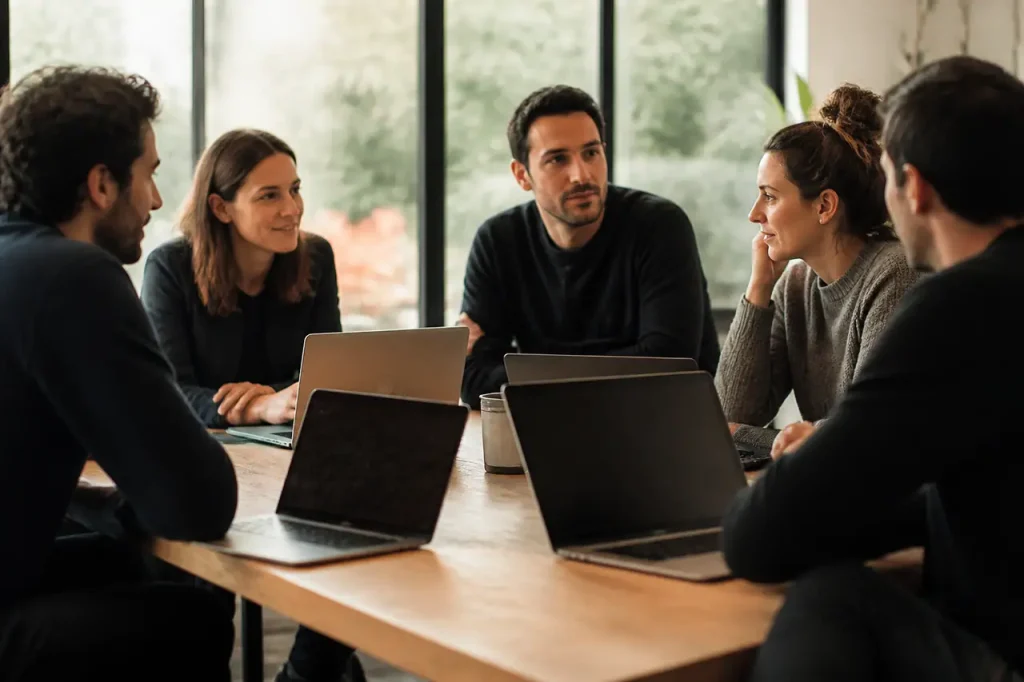 Managers reunis autour dune table avec ordinateurs portables