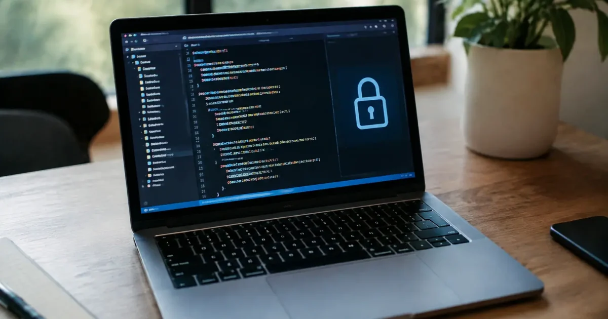 Ordinateur portable ouvert sur bureau affichant code et cadenas