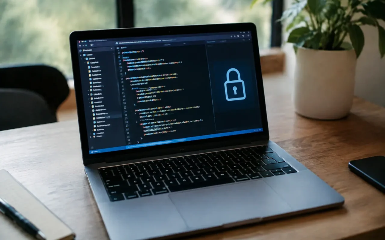 Ordinateur portable ouvert sur bureau affichant code et cadenas