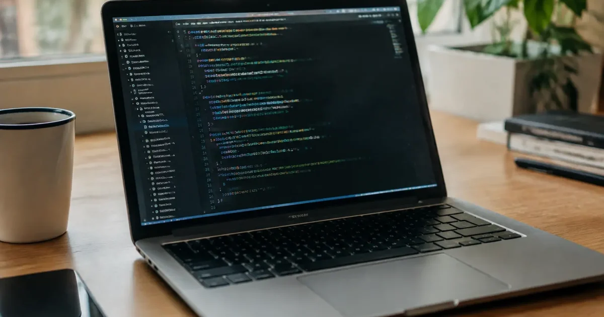 Portable ouvert sur bureau affichant lignes de code cryptographique