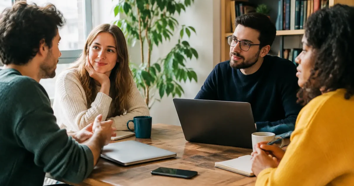 Quatre collegues assis autour d'une table en bois