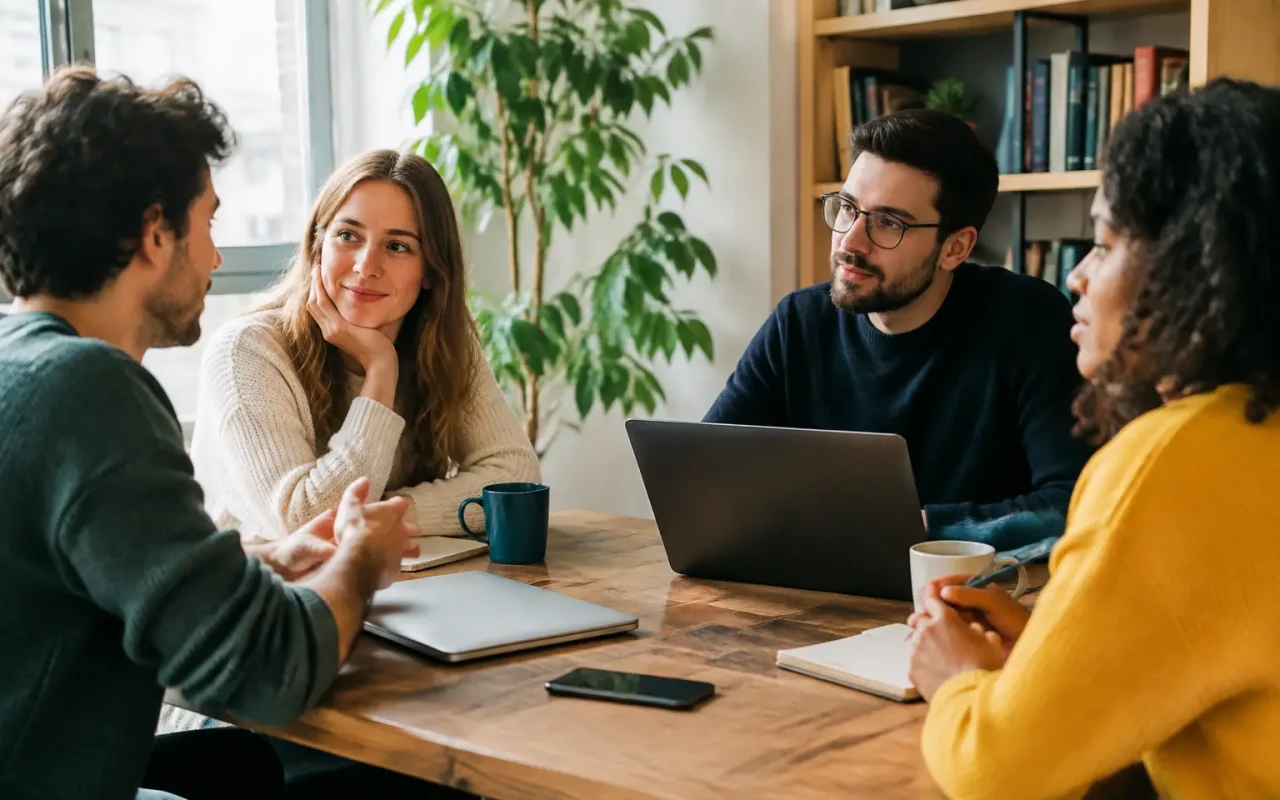 Quatre collegues assis autour d'une table en bois