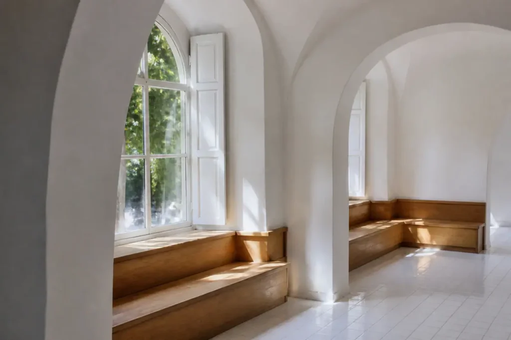 Salle lumineuse avec banquettes en bois et carreaux blancs