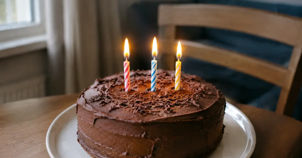 Trois bougies allumées sur un gâteau au chocolat